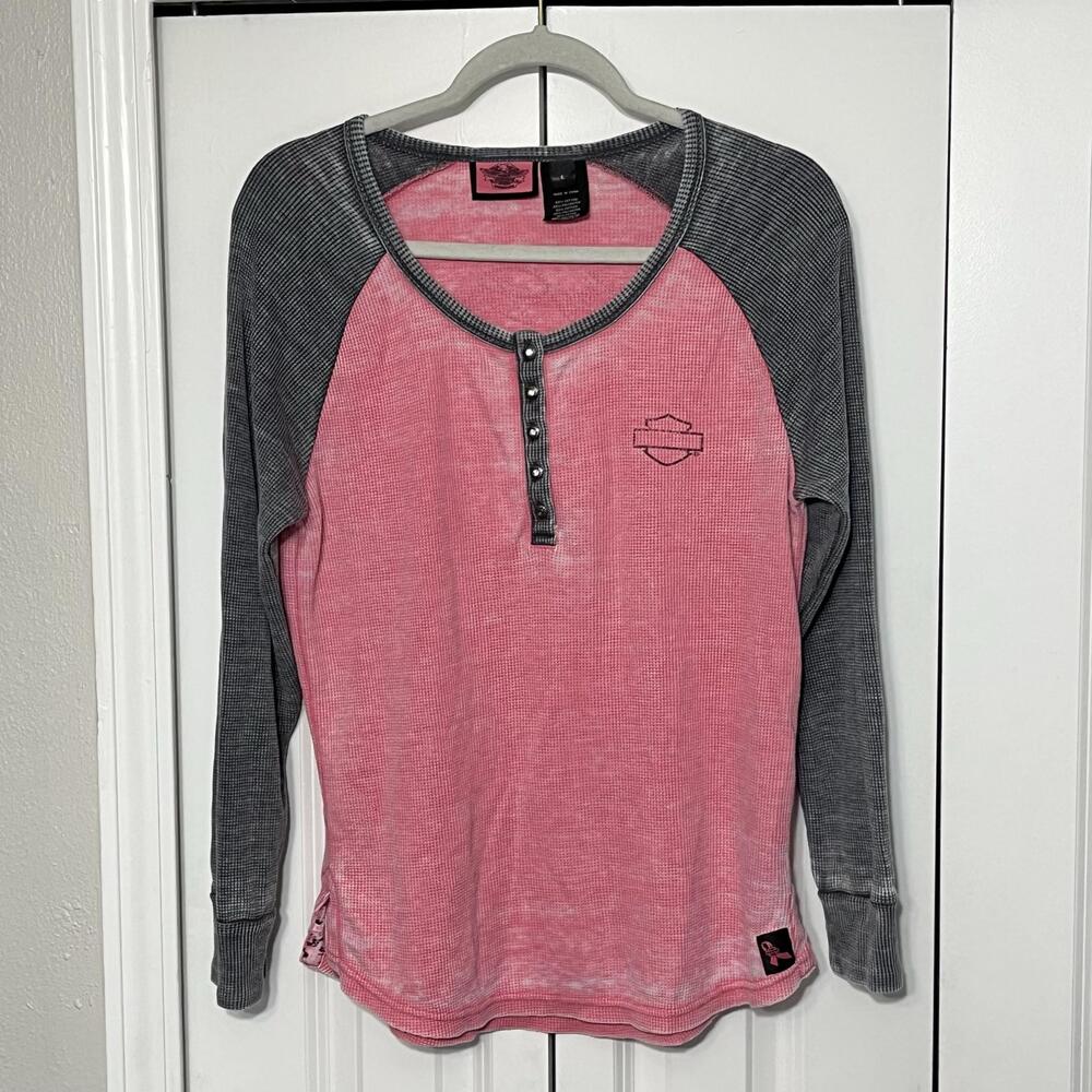 Harley-Davidson Shirt Womens L Pink Thermal Henley Raglan Rhinestone Top VTG